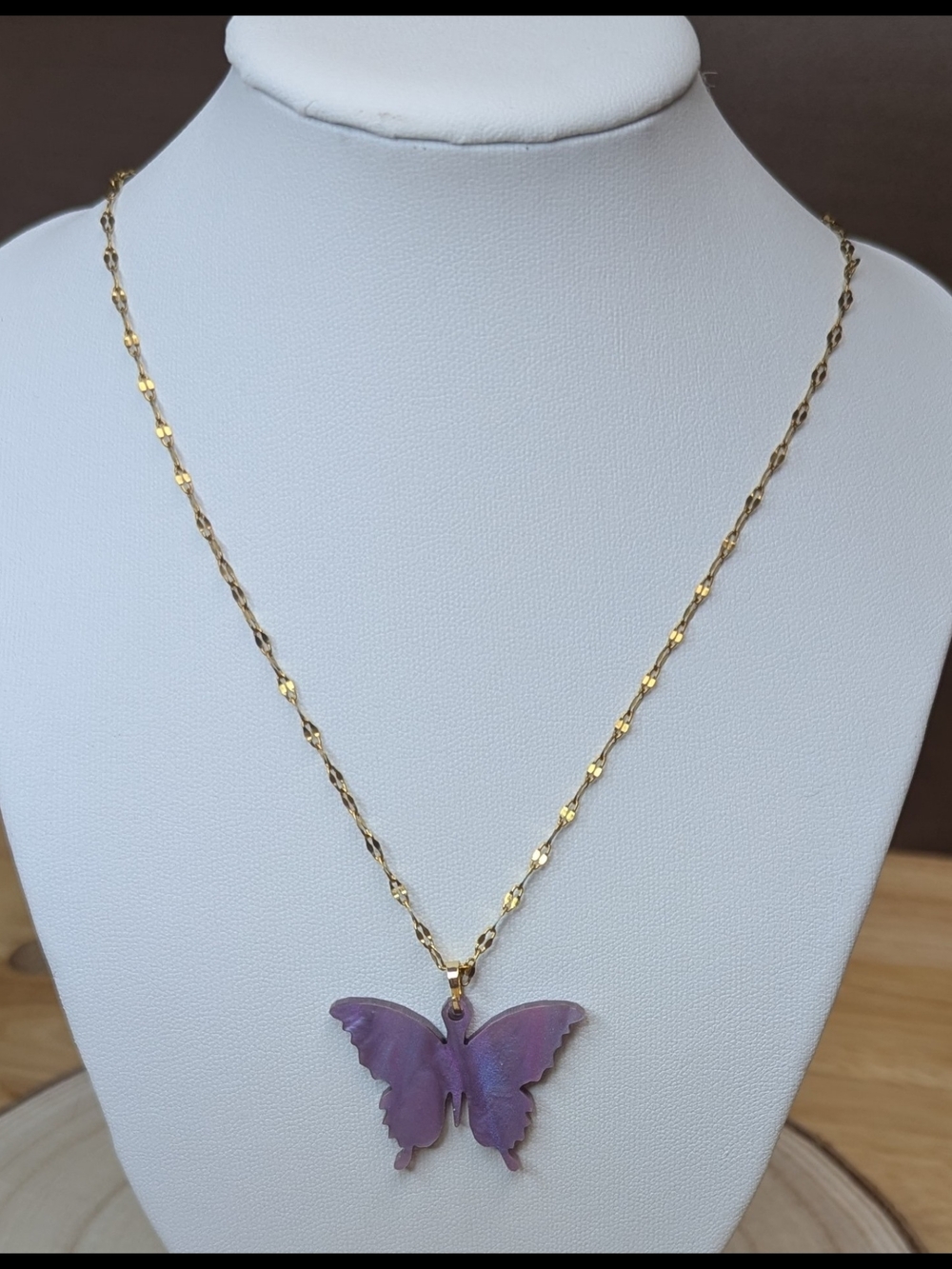Lavender Butterfly Necklace Reversible Pendant 18K Gold Plated Chain 16" + 2" - Picture 7 of 13